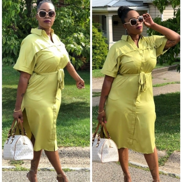 TEA & CUP LIME COLLAR BUTTON DOWN BELT TUNIC MAXI SHIRT LINEN DRESS - Picture 3 of 5